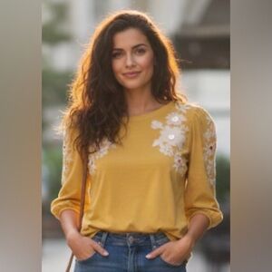 J. JILL Mustard Yellow Boho Embroidered Puff 3/4 Sleeve Vintage Button Top Small